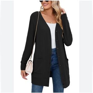 LOFT Black Tunic Length V Neck Button Up Cardigan Sweater XLP NWOT